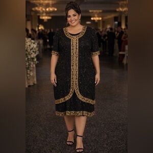 Vintage Black & Gold Midi Dress-Glamorous Curve-Flattering Formal Elegance